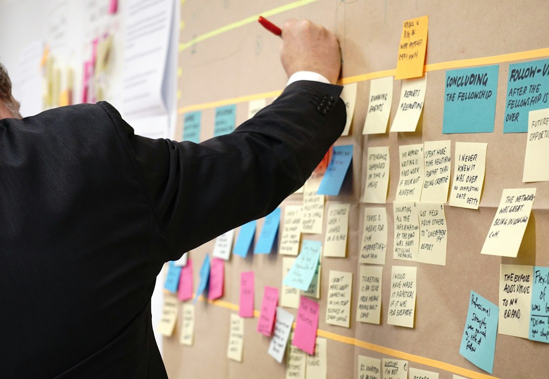 Consultant mapping out a business workflow with sticky notes